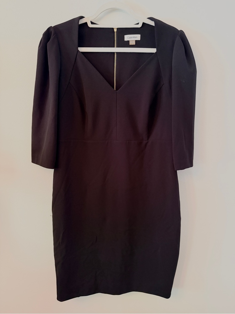 Calvin Klein Black V-Neck Sheath Dress Gold Zip Size 14